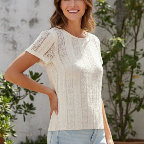 CAbi Tops - CABI Ecru Lace Blouse XS Sheer Feminine Romantic Textured Boho Chic